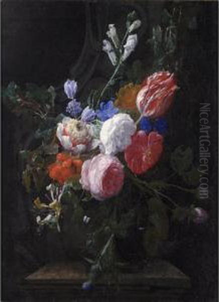 A Still Life Of Roses, A Tulip, 
Honeysuckle And Other Flowers, With A Sculpted Stone Ornament In The 
Background Oil Painting by Nicolas Van Veerendael