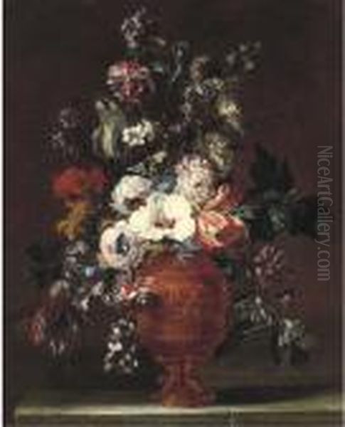 Parrot Tulips, Roses, Carnations, Morning Glory And Other Flowersin A Sculpted Urn Oil Painting by Nicolas Van Veerendael