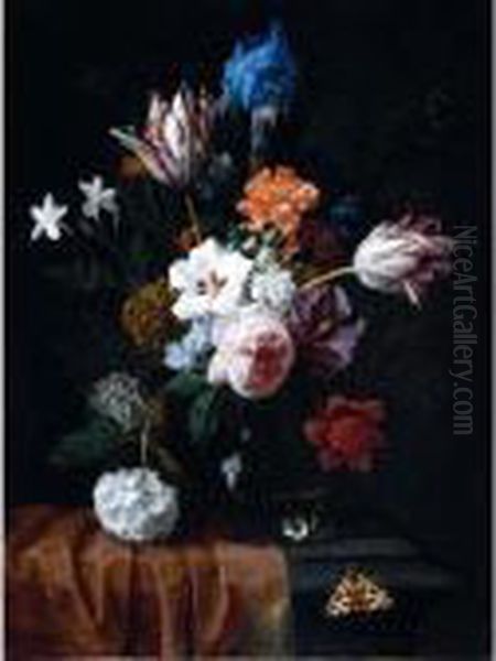 A Still Life Of Variegated 
Tulips, A Rose, Carnation, An Iris And Other Flowers In A Glass Vase, 
Resting On A Stone Ledge Draped With A Cloth, Together With A Butterfly Oil Painting by Nicolas Van Veerendael