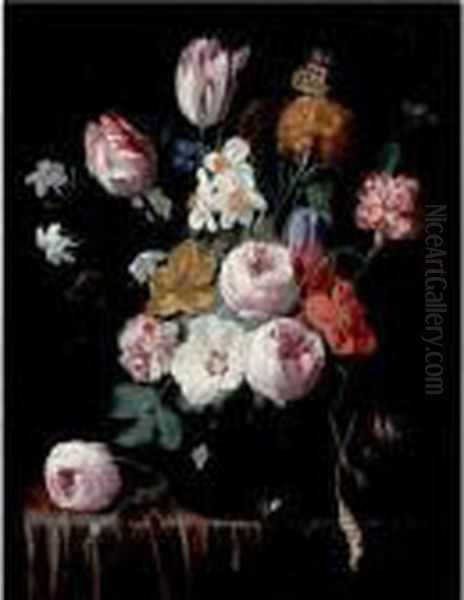 Still Life Of Roses, Tulips, 
Carnations And Other Flowers In A Glass Vase, Resting On A Table Oil Painting by Nicolas Van Veerendael