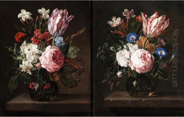 Still Lifes Of Roses, 
Carnations, Tulips And Other Flowers In Glass Vases Resting On A Ledge. Oil Painting by Nicolas Van Veerendael