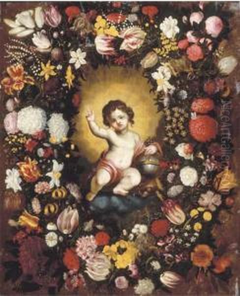 A Garland Of Flowers Surrounding An Image Of The Infantchrist Oil Painting by Nicolas Van Veerendael