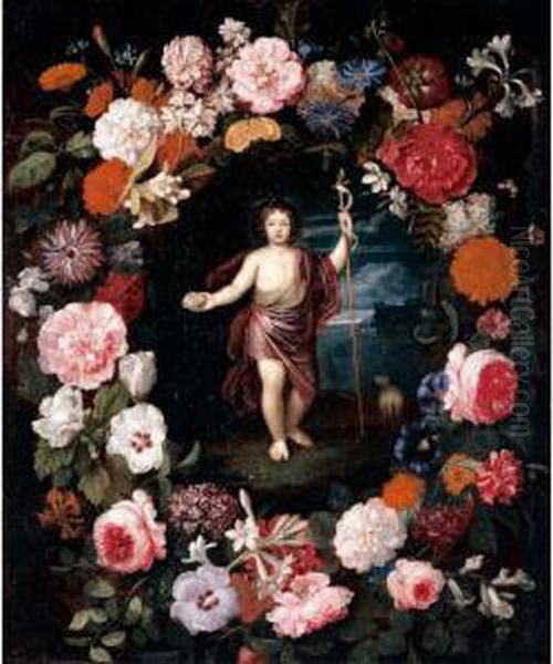 Saint John The Baptist Standing In A Landscape Surrounded By A Garland Of Flowers Oil Painting by Nicolas Van Veerendael