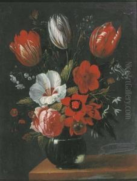 Tulips, Roses And Other Flowers In A Glass Vase On A Wooden Ledge Oil Painting by Nicolas Van Veerendael