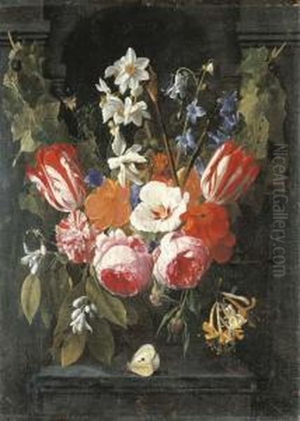 A Swag Of Tulips, Peonies, 
Carnations, Narcissi And Other Flowers With A Butterfly In A Stone Niche Oil Painting by Nicolas Van Veerendael