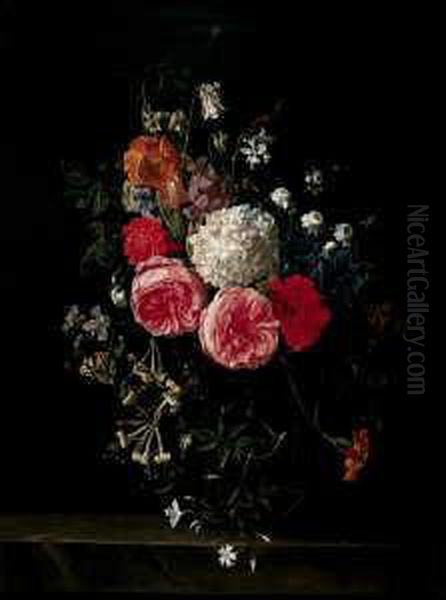 Blumenstilleben. In Einer Glasvase Rosen, Schneeball, Eine Lilie Und Akelei. Oil Painting by Nicolas Van Veerendael