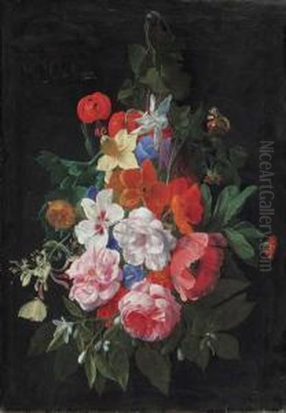 A Swag Of Roses And Other Flowers Hanging From A Nail Oil Painting by Nicolas Van Veerendael