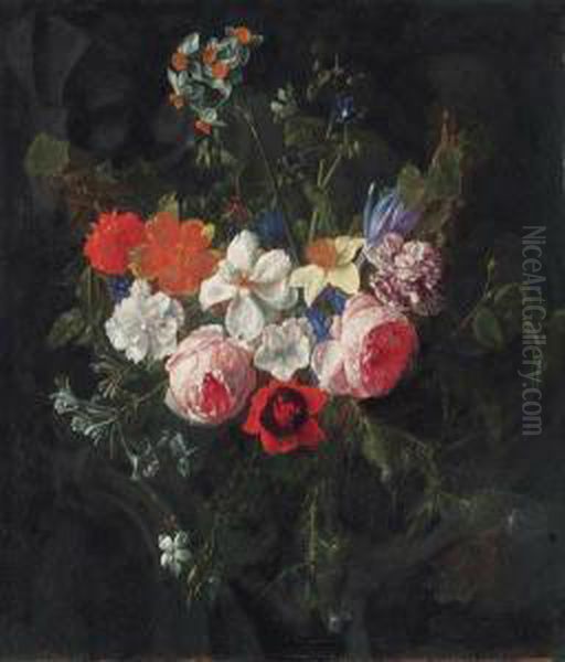 A Swag Of Roses, Carnations, 
Narcissi, Harebells, Thistles, Apoppy, A Daffodil, A Crocus, And Other 
Flowers Hanging Before Astone Cartouche Oil Painting by Nicolas Van Veerendael