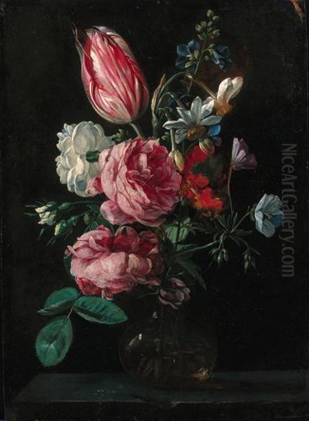 Roses, Narcissi, A Parrot Tulip And Other Flowers In A Glass Vaseon A Ledge Oil Painting by Nicolas Van Veerendael