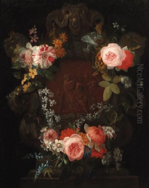 A Swag Of Roses, Carnations And 
Narcisi Surrounding A Stone Nichewith A Relief Of The Drunken Silenus Oil Painting by Nicolas Van Veerendael