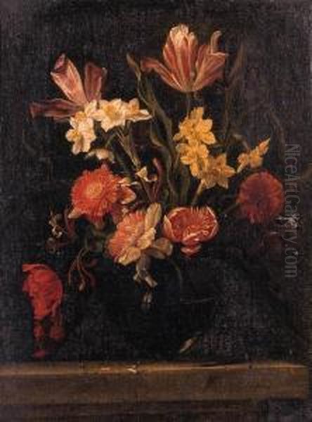 Tulips, Carnations And Narcisi In A Glass Vase On A Ledge Oil Painting by Nicolas Van Veerendael