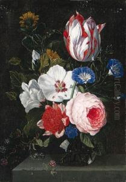 Morning Glory, A Parrot Tulip, 
Roses, And Other Flowers Withblackberries In A Glass Vase On A Ledge Oil Painting by Nicolas Van Veerendael