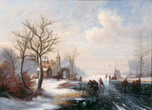 Paysage D'hiver Avec Des Patineurs Oil Painting by Johannes Petrus van Velzen