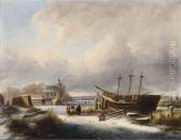 Winter Landscape With Figures By A Boat Oil Painting by Johannes Petrus van Velzen