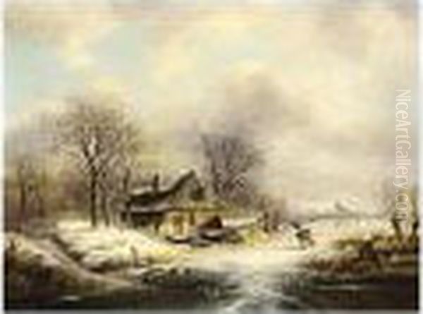 A Winter Landscape With Figures On A Frozen River Oil Painting by Johannes Petrus van Velzen