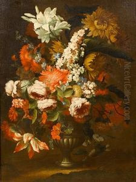 Roses, Tulips, Chrysanthemums Tulips Andlilies In An Urn Oil Painting by Karel Van Vogelaer, Carlo Dei Fiori