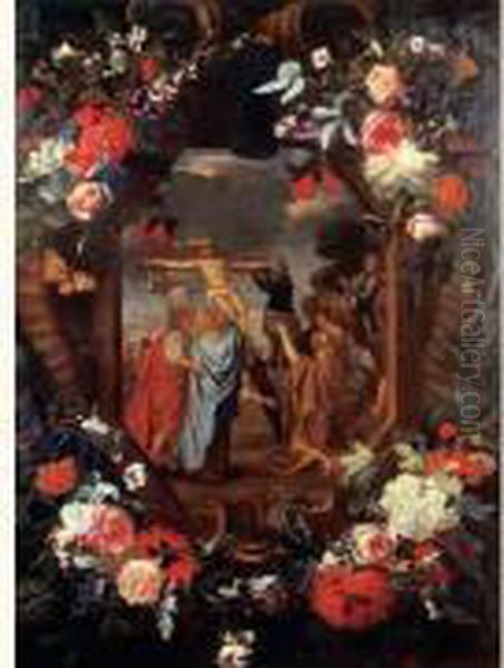 L'erection De La Croix Dans Un Cartouche Decore De Fleurs Oil Painting by Karel Van Vogelaer, Carlo Dei Fiori