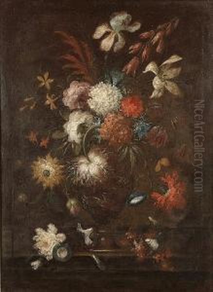 Irises, Morning Glory, A Snowball And Carnations In A Bronze Urn On A Ledge Oil Painting by Karel Van Vogelaer, Carlo Dei Fiori