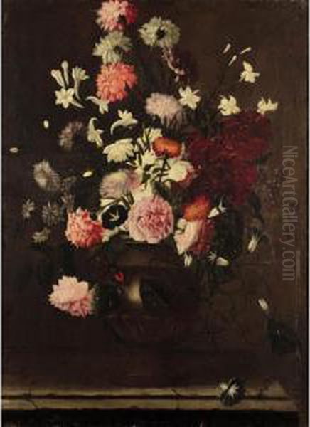 A Still Life Of Roses, Carnations, And Various Other Flowers In An Urn On A Stone Ledge Oil Painting by Karel Van Vogelaer, Carlo Dei Fiori