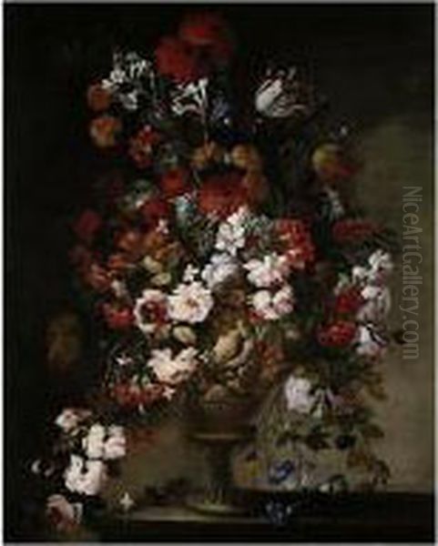 Still Lifes Of Lilies, 
Carnations, Tulips, Chrysanthemums, Morning Glory And Roses, Arranged In
 Sculpted Vases, Set Upon Stone Ledges Oil Painting by Karel Van Vogelaer, Carlo Dei Fiori