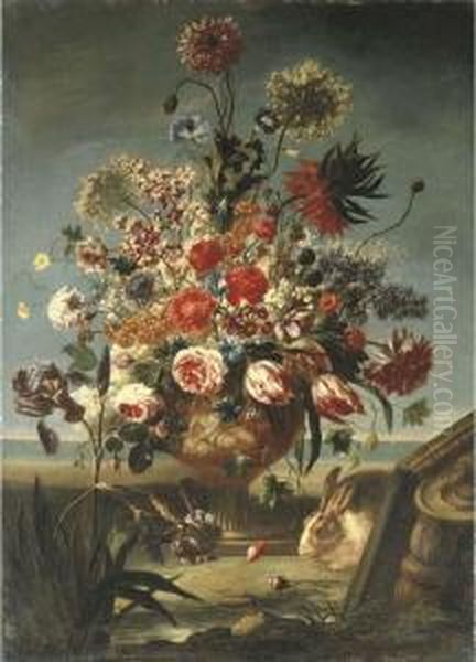 Parrot Tulips, Roses, An Imperial Lily, Morning Glory And Other Flowers Oil Painting by Karel Van Vogelaer, Carlo Dei Fiori