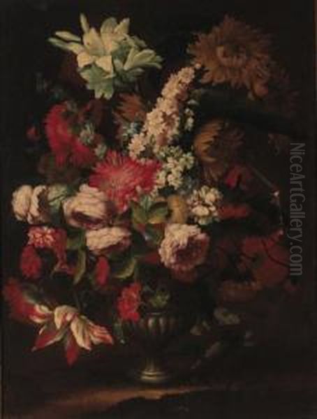 Irises, Sunflowers, Roses, Carnations, Morning Glory, Tulips Andother Flowers In An Urn Oil Painting by Karel Van Vogelaer, Carlo Dei Fiori