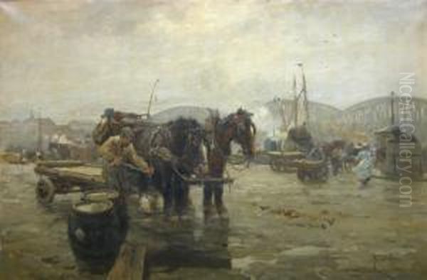 Bedrijvigheid In De Oude Haven Van Rotterdam. (1908) Oil Painting by August Willem van Voorden