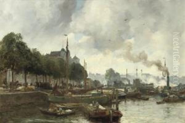 A Busy Day In The Rotterdam Harbour Oil Painting by August Willem van Voorden