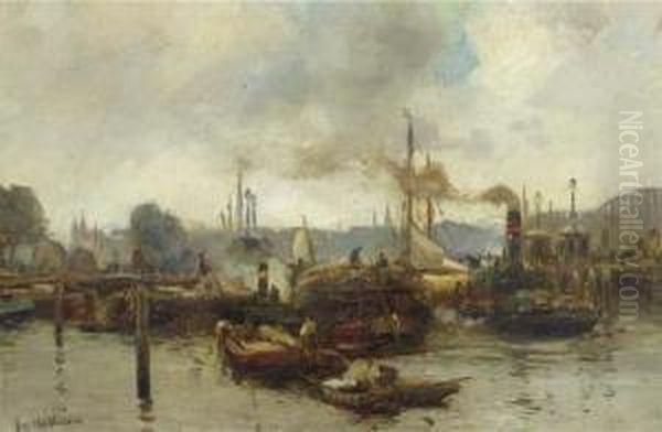 Harbour Activities, Rotterdam Oil Painting by August Willem van Voorden