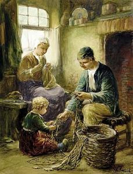 Family Repairing Nets Oil Painting by Francis William Van Vreeland