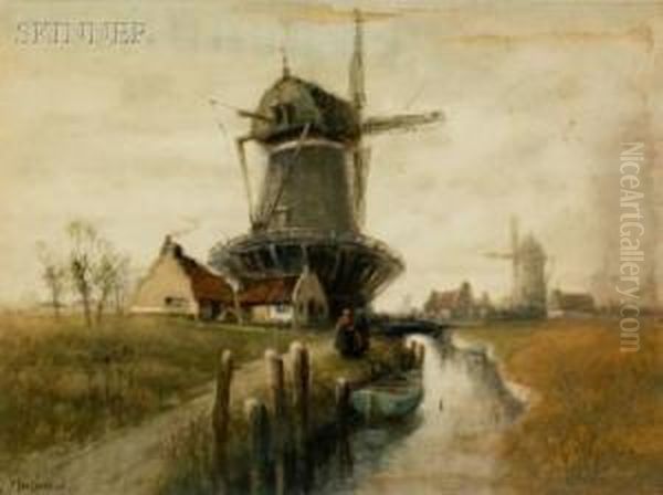 Landscape With Windmills And Figures Oil Painting by Francis William Van Vreeland