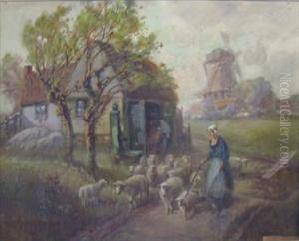 Shepherdess With Flock Oil Painting by Francis William Van Vreeland