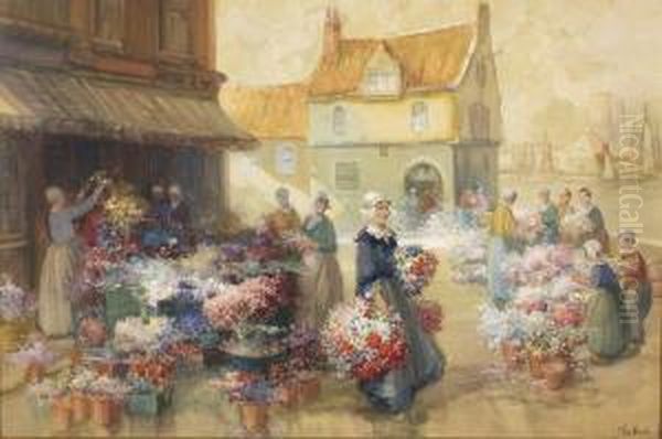 Dutch Flowermarket Oil Painting by Francis William Van Vreeland