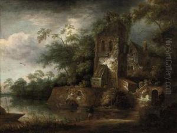 A Wooded River Landscape With Fishermen Near A Ruined Tower Oil Painting by Roelof van Vries