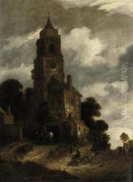 A Landscape With Figures Resting In Front Of A Church Oil Painting by Roelof van Vries