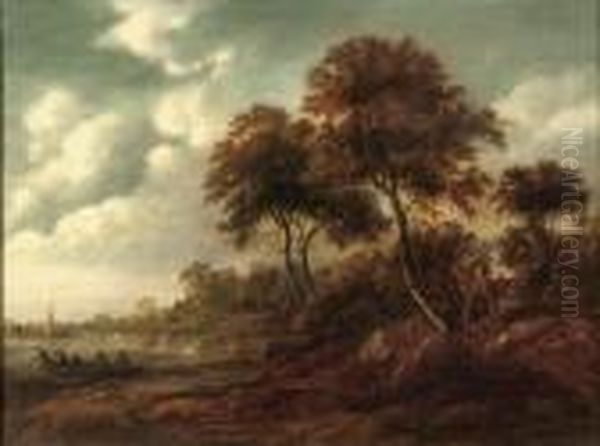 A Wooded River Landscape With A Cottage On The Bank And Fishermenon The Water Oil Painting by Roelof van Vries