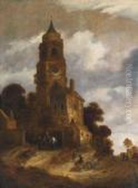 Baumbestandene Landschaft Mit Einem Reiter Vor Einer Kirche Oil Painting by Roelof van Vries