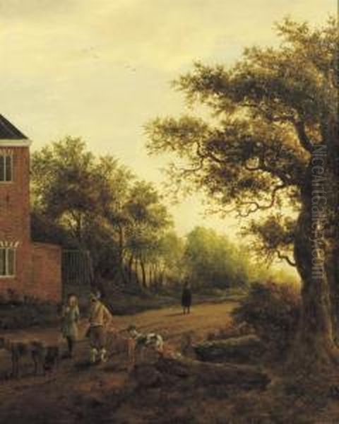 A Wooded Landscape With Hunters And Dogs On A Track Near A House Oil Painting by Roelof van Vries