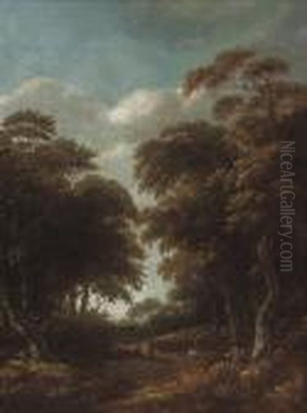 A Wooded Landscape With Travellers On A Track Oil Painting by Roelof van Vries