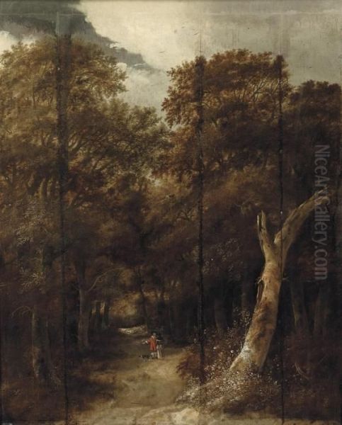 A Wooded Landscape With Figures On A Track Oil Painting by Roelof van Vries