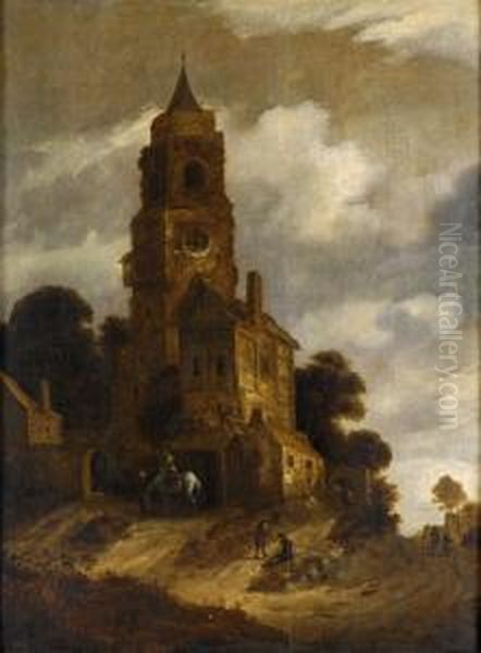 Dorfansicht Mit Kirche Und Landvolk. Oil Painting by Roelof van Vries