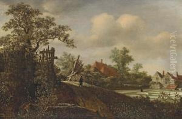 A Landscape With A Figure On A Path And A Bleaching Field Beyond Oil Painting by Roelof van Vries