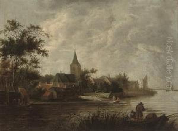 A River Landscape With Fishermen In Their Boats And Figures On A Ferry, A Church Beyond Oil Painting by Roelof van Vries