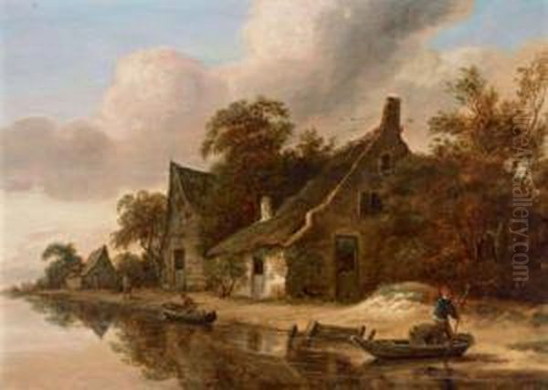 Case Di Contadini Lungo Un Fiume Con Pescatori Oil Painting by Roelof van Vries