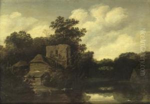 A Wooded River Landscape With A Ruined Tower And Cottages Oil Painting by Roelof van Vries