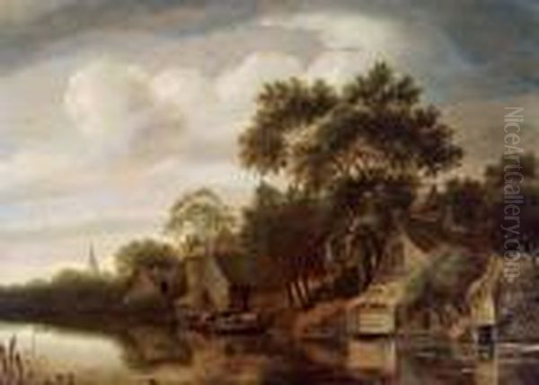 Villaggio Lungo Un Fiume Con Barca Di Pescatori E Figure Oil Painting by Roelof van Vries