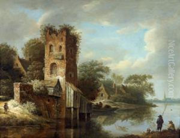 Paesaggio Fluviale Olandese Con Una Torre In Rovina E Pescatori Oil Painting by Roelof van Vries