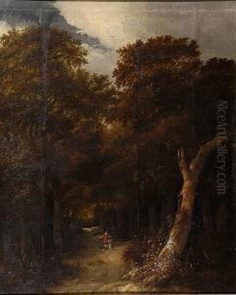 A Lady And Gentleman With A Dog In A Woodland Clearing Oil Painting by Roelof van Vries