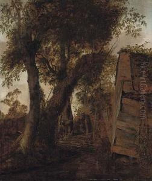 A Wooded Landscape With A Peasant Outside A Barn Oil Painting by Roelof van Vries