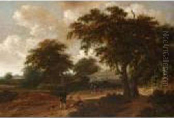 A Wooded Landscape With Travellers Resting With Their Dogs Oil Painting by Roelof van Vries